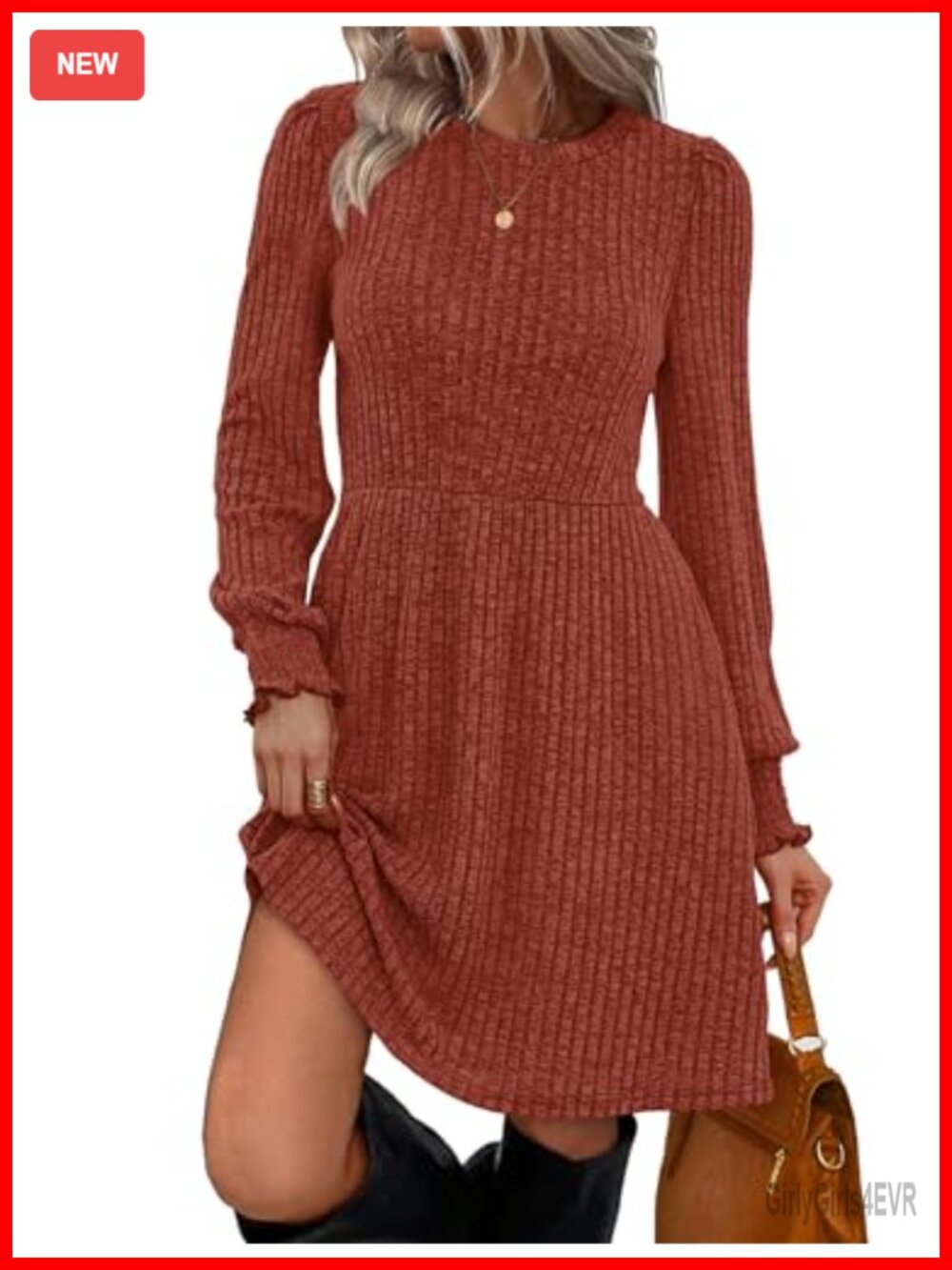 Womens Long Sleeve Sweater Dress Ruffle Cuff Casual Fall Knee-Length Pull On